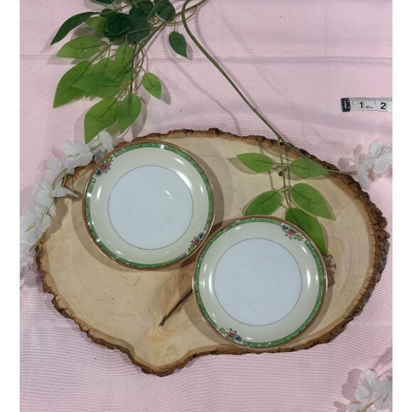 Vintage Noritake Floral Trimmed Saucer Plates Green Border Set of 2 Replacement - Picture 1 of 10